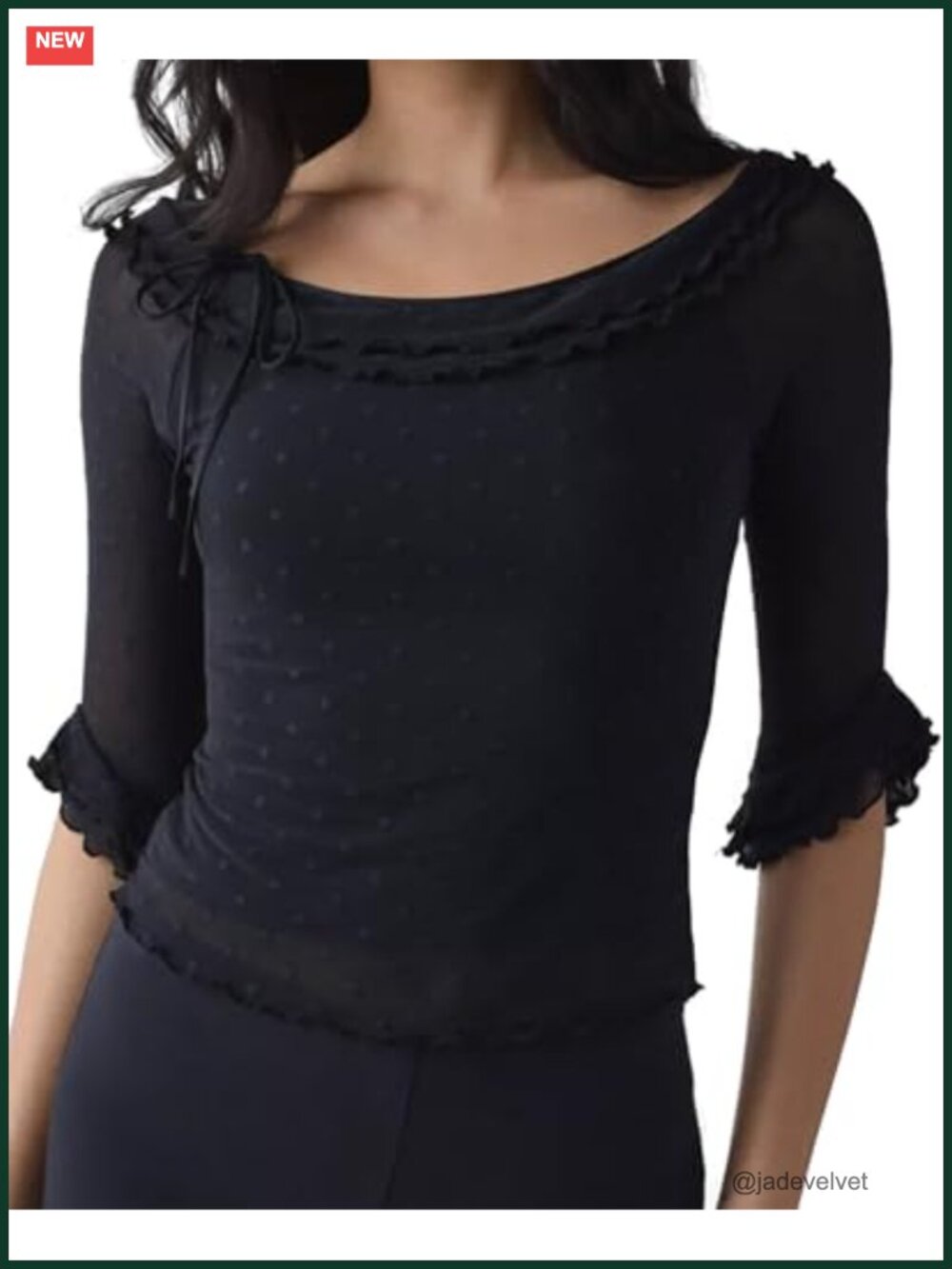 Polka Dot Mesh Top 3/4 Sleeve Ruffle Boat Neck Slim Fit Sheer Crop Blouse